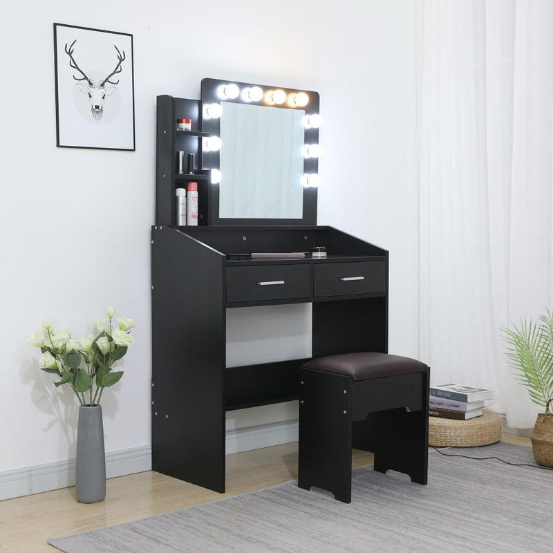 Diana Vanity Set with Shelves Cushioned Stool and Lighted Mirror- Black - John Cootes