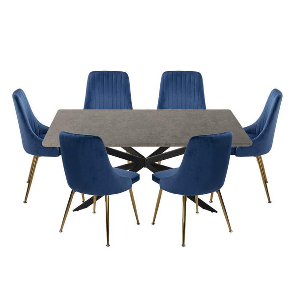 Dining Delight: Rectangular Table and Navy Velvet Chairs Dining Set - John Cootes
