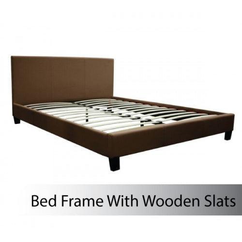 Double Size Leatheratte Bed Frame in Brown Colour with Metal Joint Slat Base - John Cootes