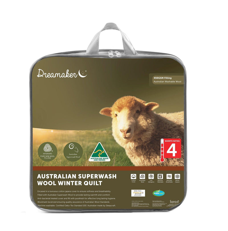 Dreamaker Australian Superwash Wool Winter Weight Quilt 450Gsm King Bed - John Cootes