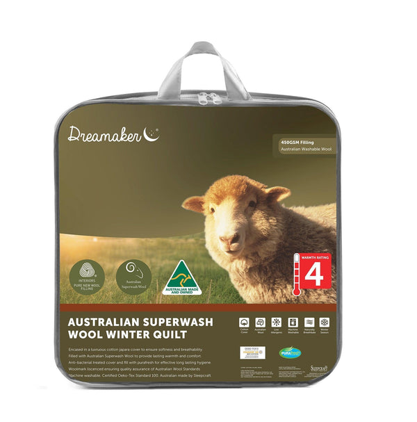 Dreamaker Australian Superwash Wool Winter Weight Quilt 450Gsm Queen Bed - John Cootes