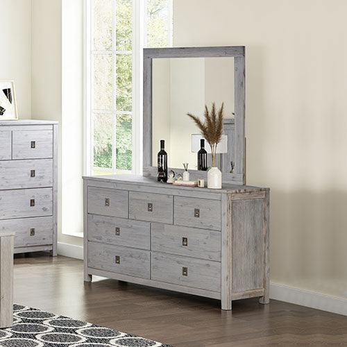 Dresser with 7 Storage Drawers in Solid Acacia & Veneer With Mirror in Could White Ash Colour - John Cootes