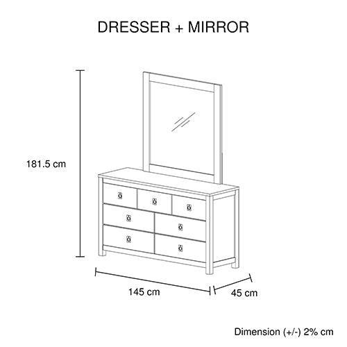 Dresser with 7 Storage Drawers in Solid Acacia & Veneer With Mirror in Could White Ash Colour - John Cootes