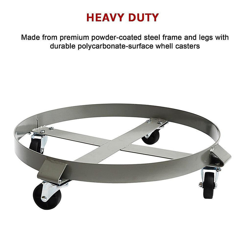 Drum Dolly 450kg 55 Gallon w Swivel Casters Heavy Duty Steel Frame Non Tipping - John Cootes
