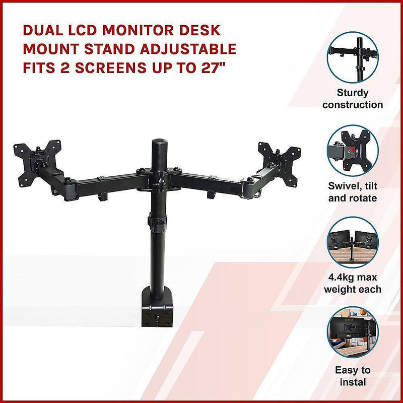 Dual LCD Monitor Desk Mount Stand Adjustable Fits 2 Screens Up To 27" - John Cootes