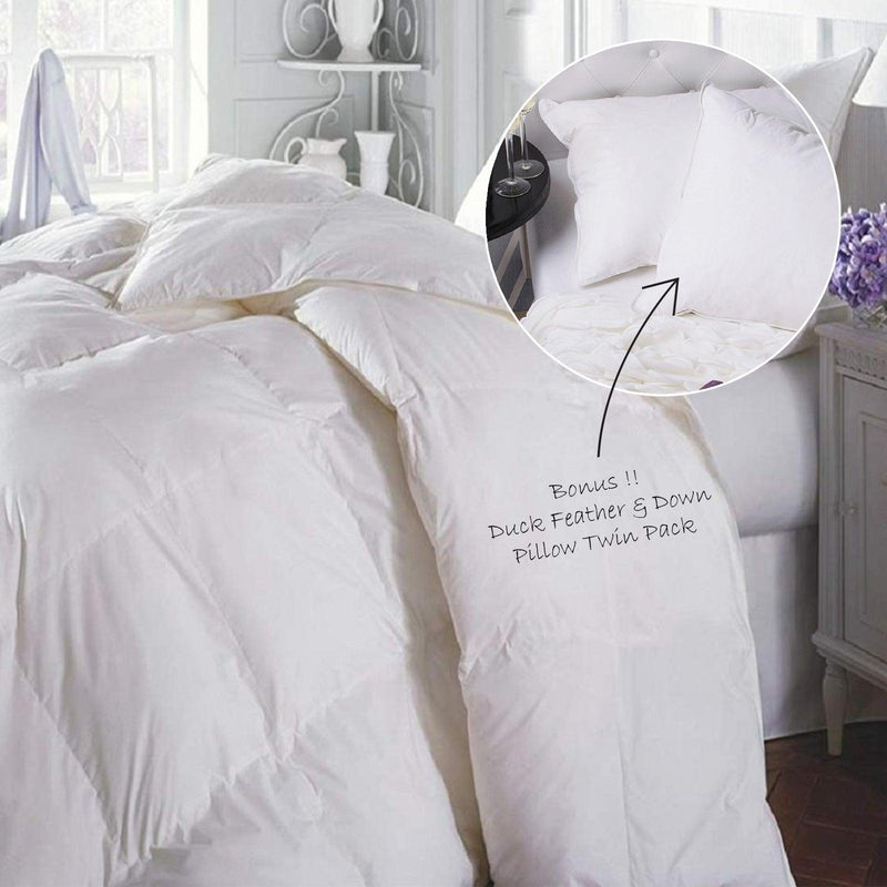Duck Feather & Down Quilt 500GSM + Duck Feather and Down Pillows 2 Pack Combo - Queen - White - John Cootes