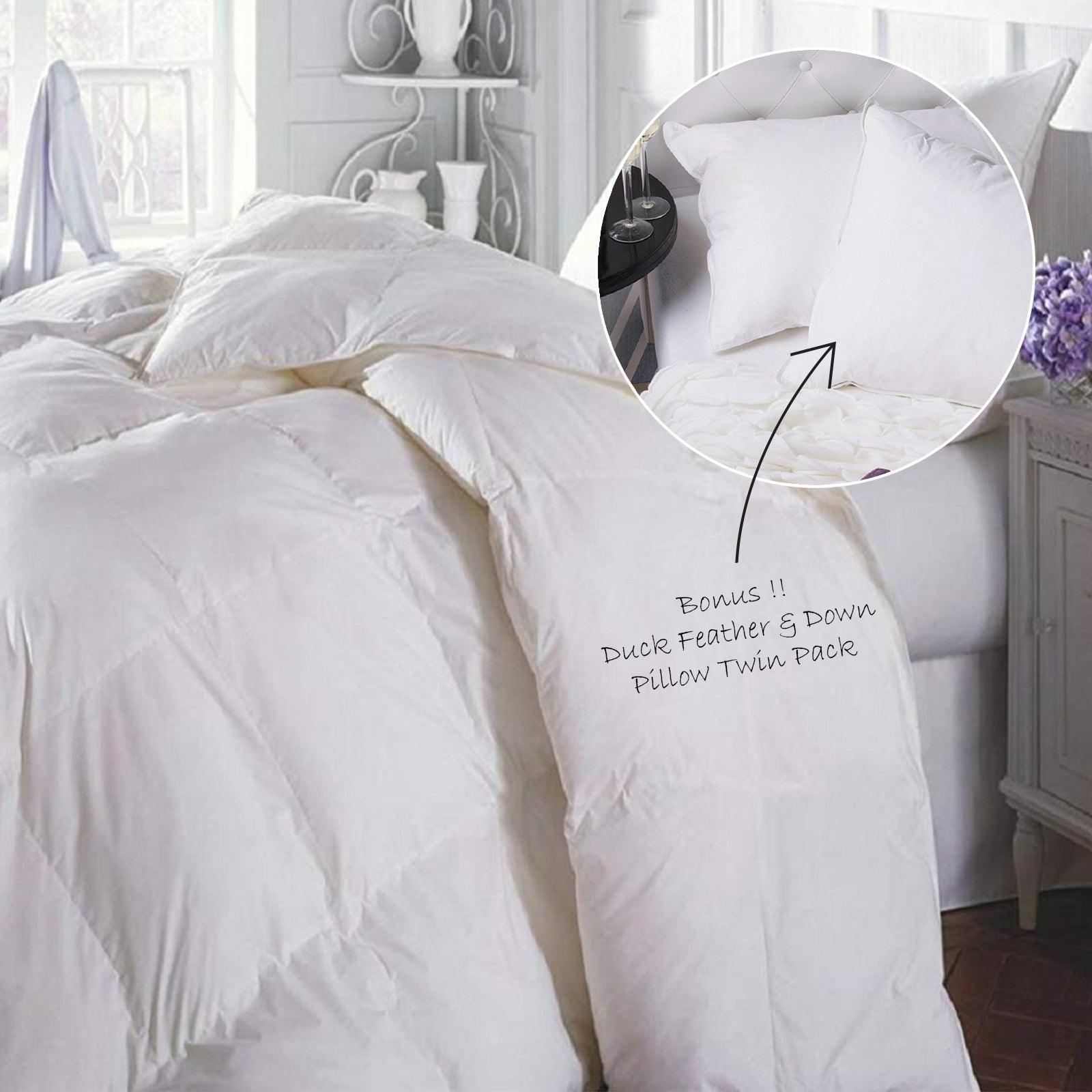 Duck Feather & Down Quilt 500GSM + Duck Feather and Down Pillows 2 Pack Combo - Single - White - John Cootes