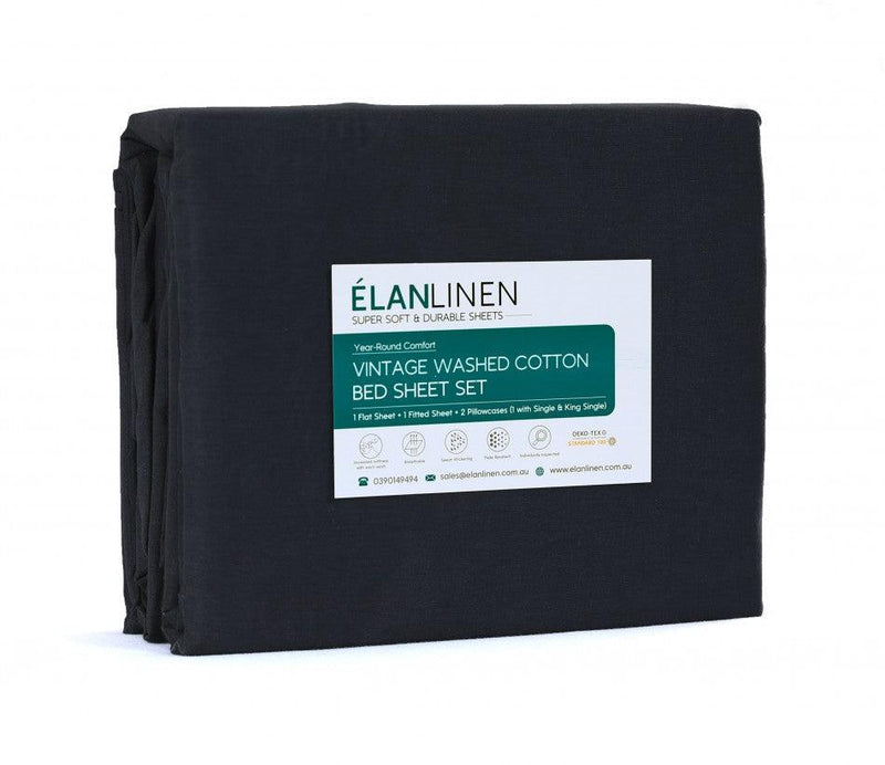 Elan Linen 100% Egyptian Cotton Vintage Washed 500TC Charcoal 50 cm Deep Mega King Bed Sheets Set - John Cootes