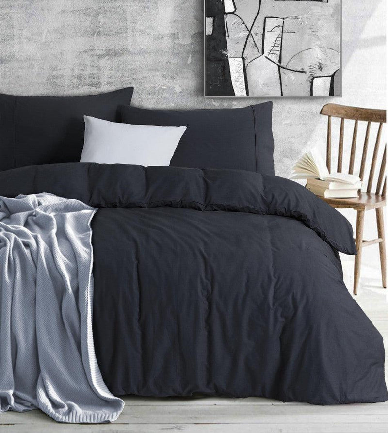 Elan Linen 100% Egyptian Cotton Vintage Washed 500TC Charcoal Double Quilt Cover Set - John Cootes