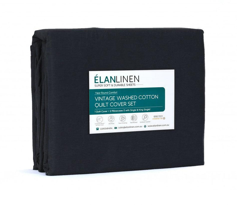 Elan Linen 100% Egyptian Cotton Vintage Washed 500TC Charcoal Double Quilt Cover Set - John Cootes