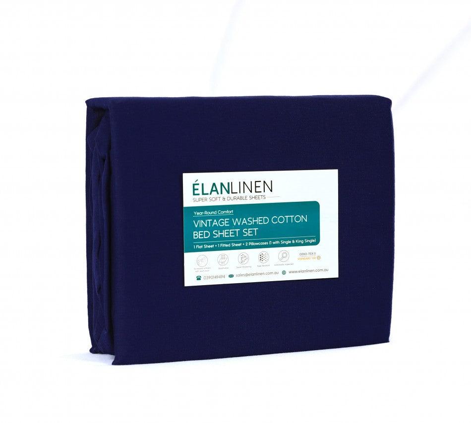 Elan Linen 100% Egyptian Cotton Vintage Washed 500TC Navy Blue 50 cm Deep Mega King Bed Sheets Set - John Cootes