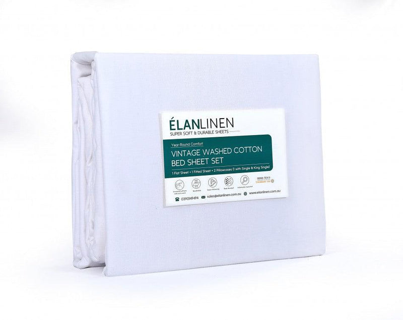 Elan Linen 100% Egyptian Cotton Vintage Washed 500TC White King Bed Sheets Set - John Cootes