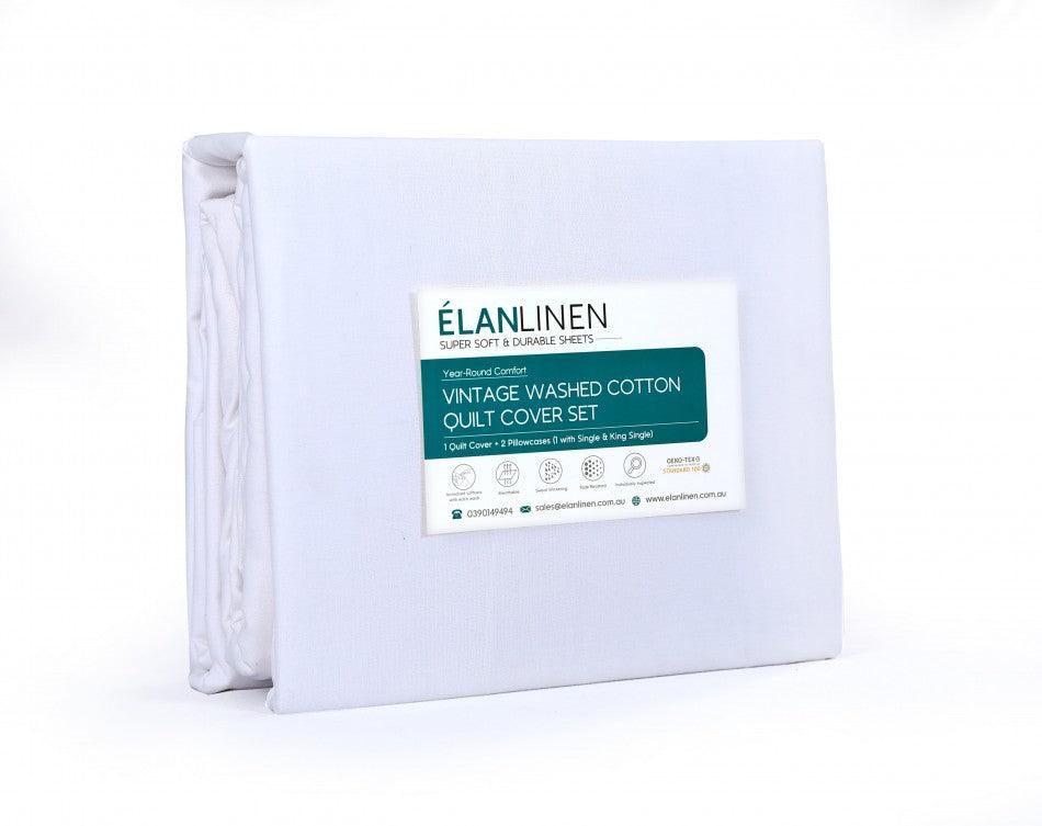 Elan Linen 100% Egyptian Cotton Vintage Washed 500TC White King Single Quilt Cover Set - John Cootes