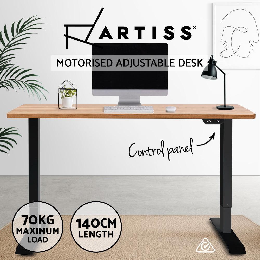 Electric Motorised Height Adjustable Standing Desk - Black Frame with 140cm Natural Oak Top - John Cootes