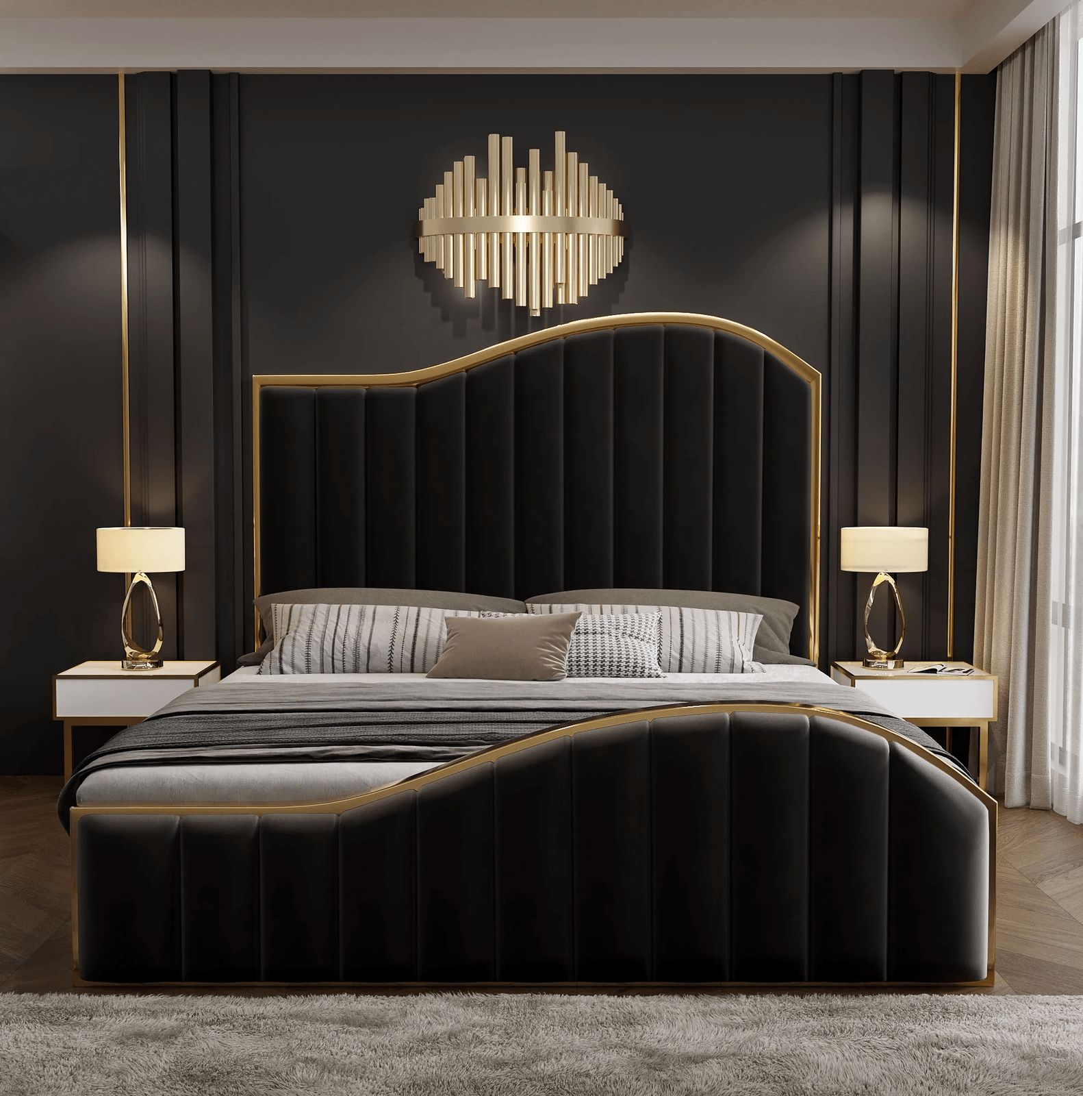 Elegant Luxury King Size Velvet Fabric Storage Bedframe Golden Trim-Black - John Cootes