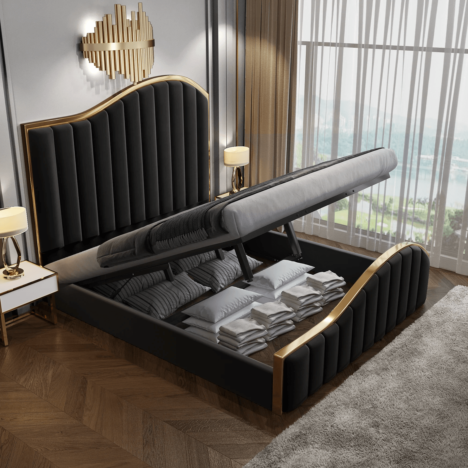 Elegant Luxury King Size Velvet Fabric Storage Bedframe Golden Trim-Black - John Cootes