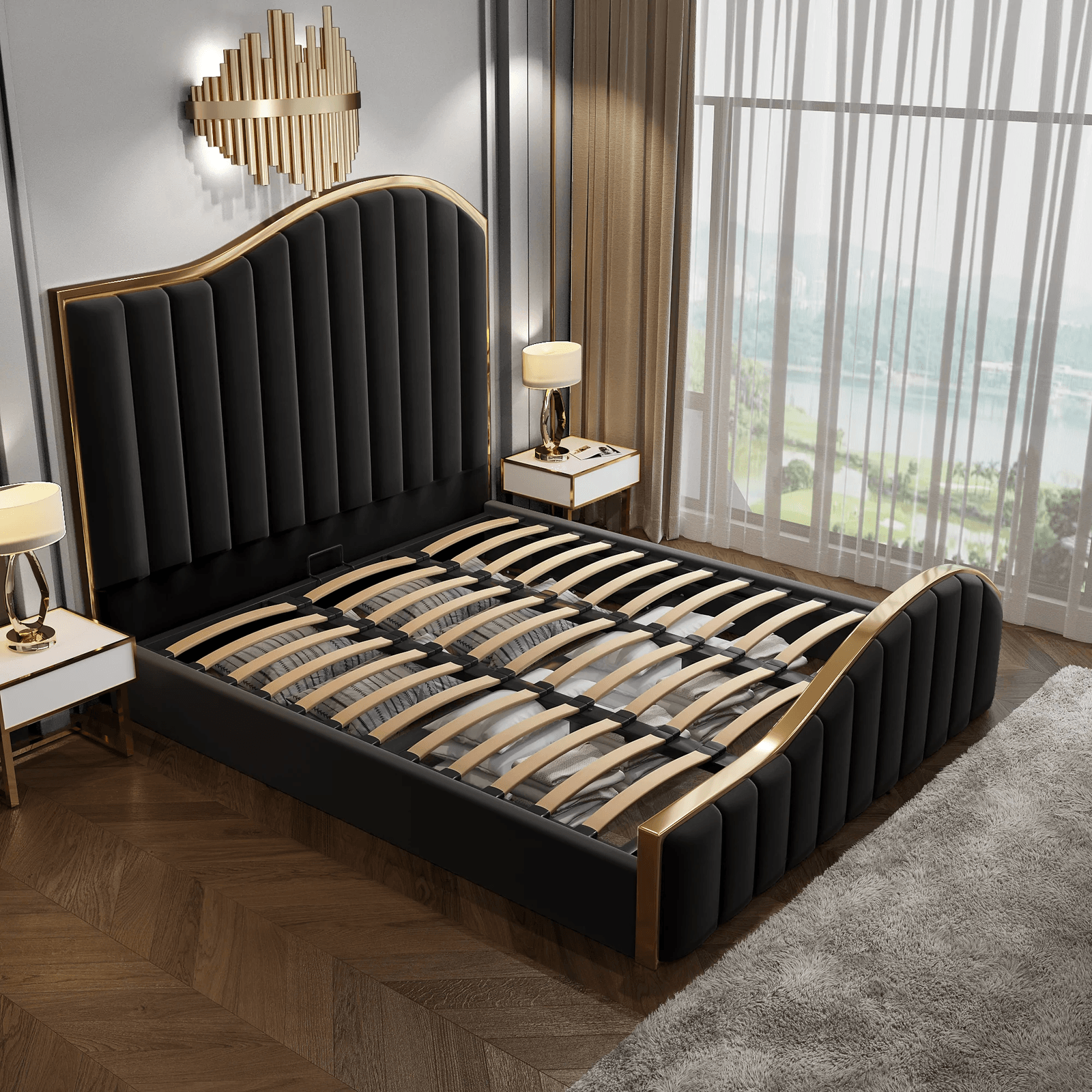 Elegant Luxury King Size Velvet Fabric Storage Bedframe Golden Trim-Black - John Cootes