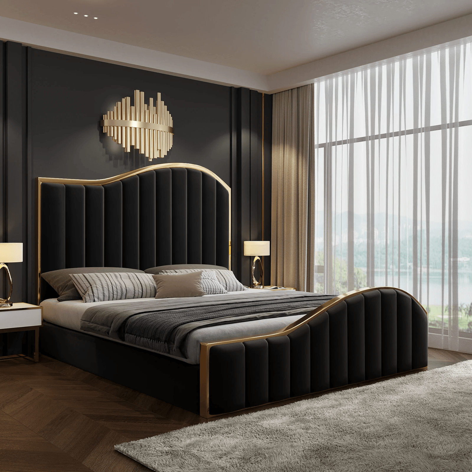 Elegant Luxury King Size Velvet Fabric Storage Bedframe Golden Trim-Black - John Cootes