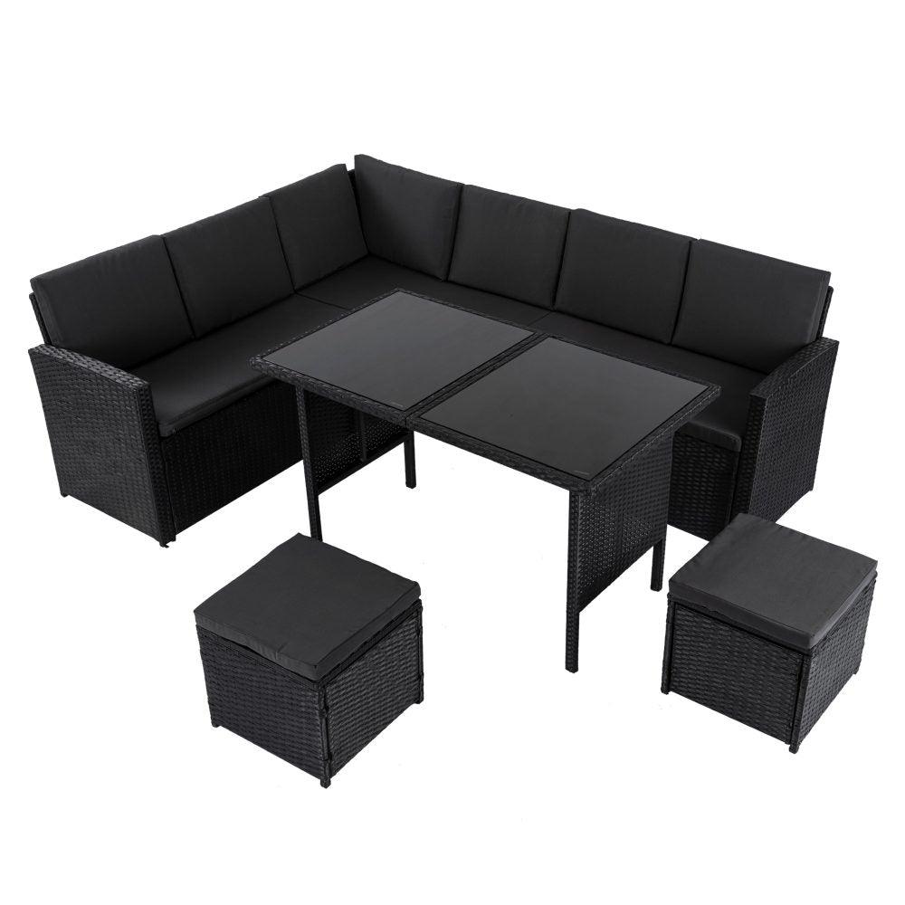 Ella 8-Seater Modular Outdoor Garden Lounge and Dining Set with Table and Stools in Black - John Cootes