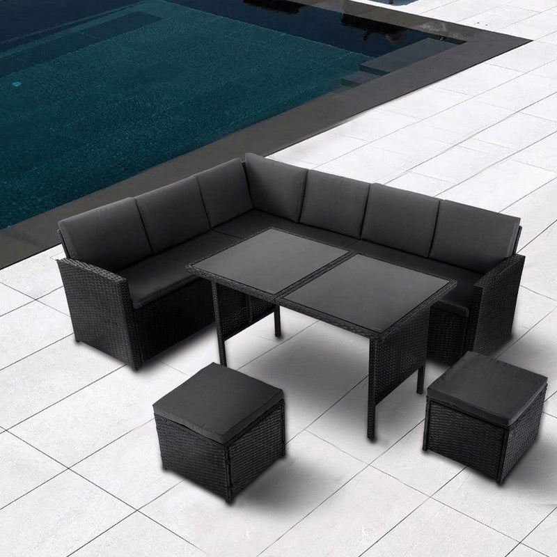 Ella 8-Seater Modular Outdoor Garden Lounge and Dining Set with Table and Stools in Black - John Cootes