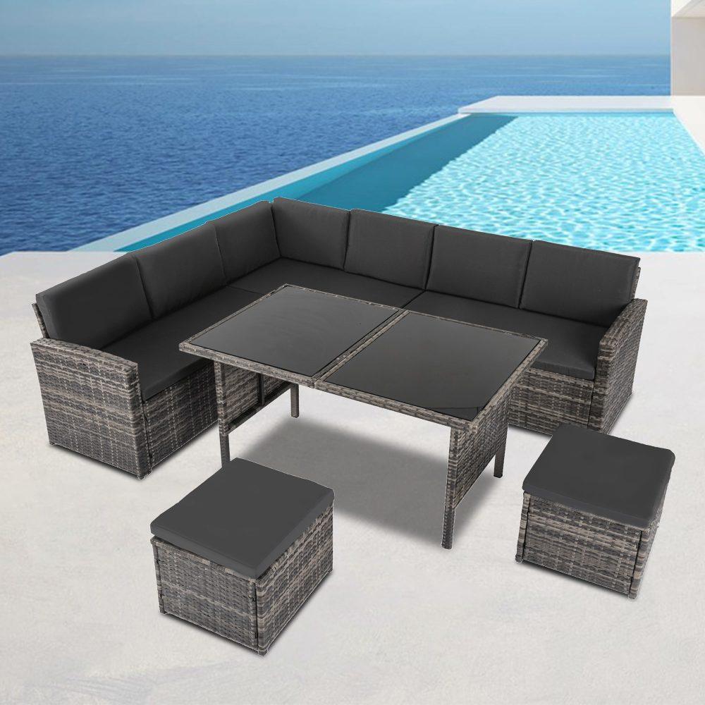 Ella 8-Seater Modular Outdoor Garden Lounge and Dining Set with Table and Stools in Dark Grey Weave - John Cootes