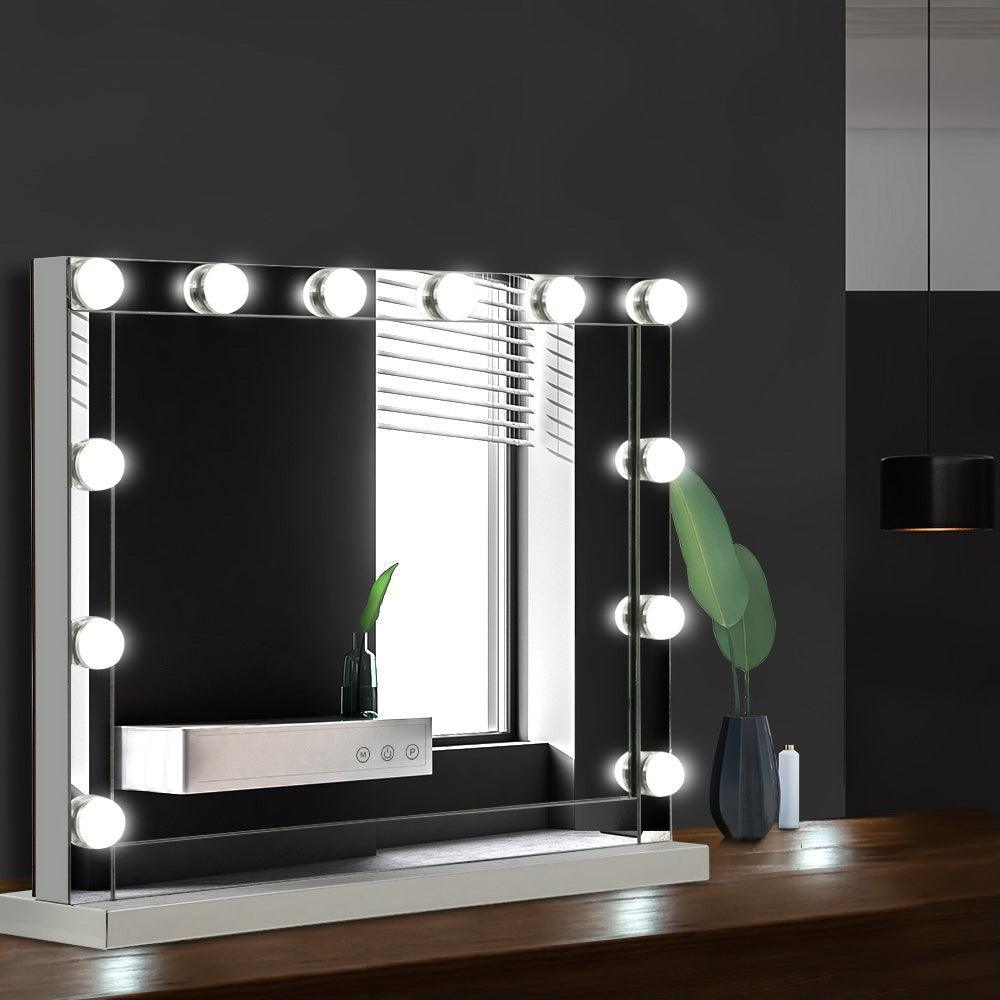 Embellir Hollywood Makeup Mirror With Light 12 LED Bulbs Vanity Lighted Silver 58cm x 46cm - John Cootes