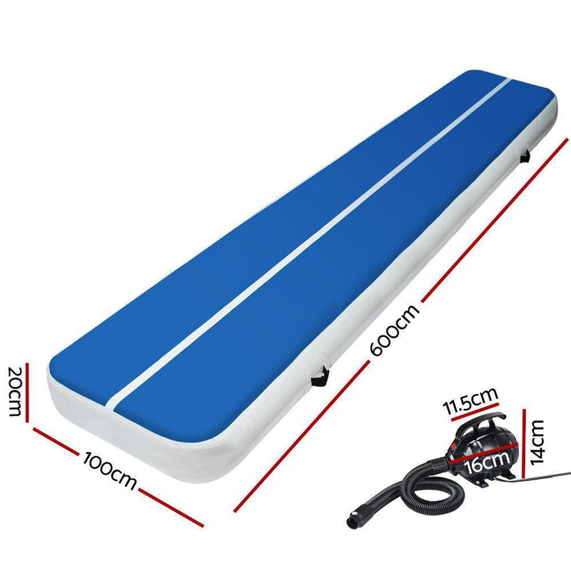 Everfit 6X1M Inflatable Air Track Mat 20CM Thick with Pump Tumbling Gymnastics Blue - John Cootes