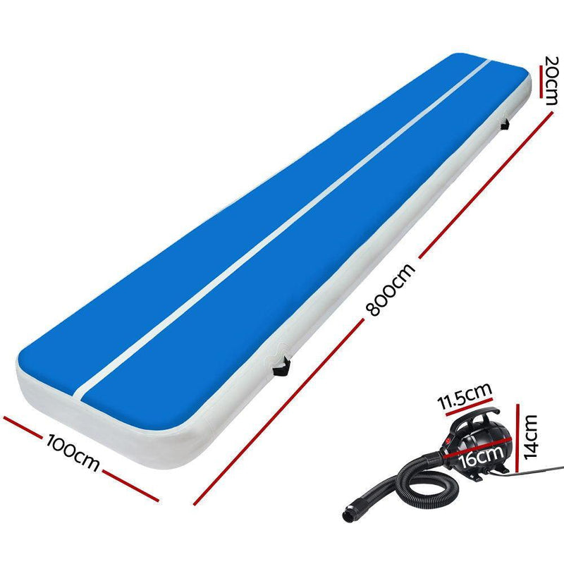 Everfit 8X1M Inflatable Air Track Mat 20CM Thick with Pump Tumbling Gymnastics Blue - John Cootes