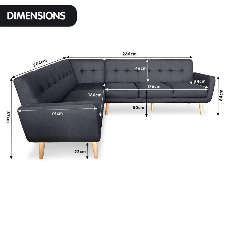 Faux Linen Corner Wooden Sofa Futon Lounge L-shaped with Chaise Black - John Cootes