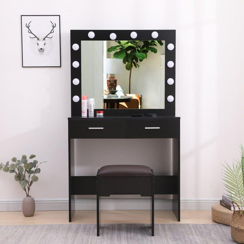 Fidel Vanity Set with Cushioned Stool and Lighted Mirror- Black - John Cootes