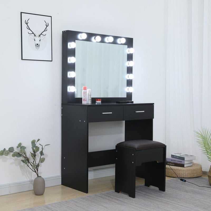 Fidel Vanity Set with Cushioned Stool and Lighted Mirror- Black - John Cootes