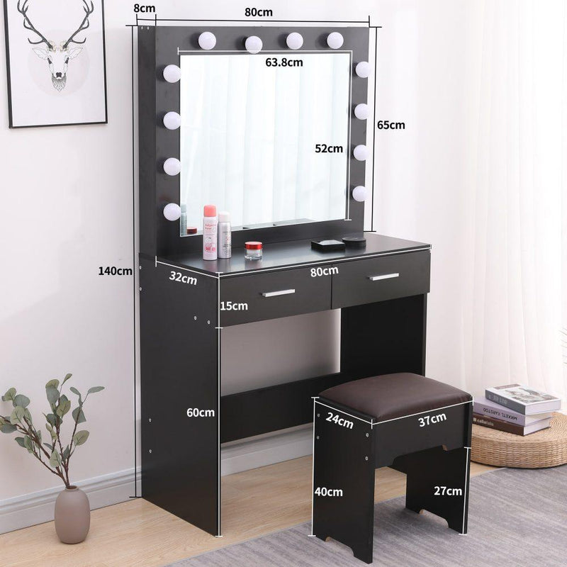 Fidel Vanity Set with Cushioned Stool and Lighted Mirror- Black - John Cootes