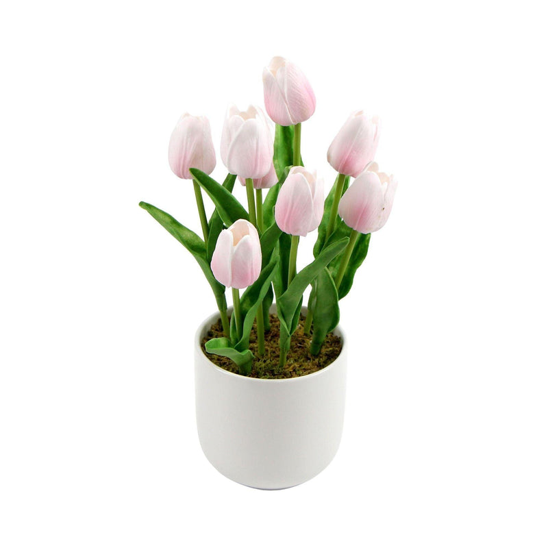 Flowering Pink Artificial Tulip Plant Arrangement With Ceramic Bowl 35cm - John Cootes