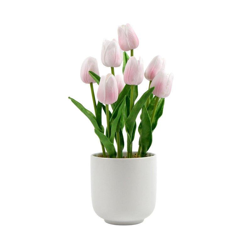 Flowering Pink Artificial Tulip Plant Arrangement With Ceramic Bowl 35cm - John Cootes