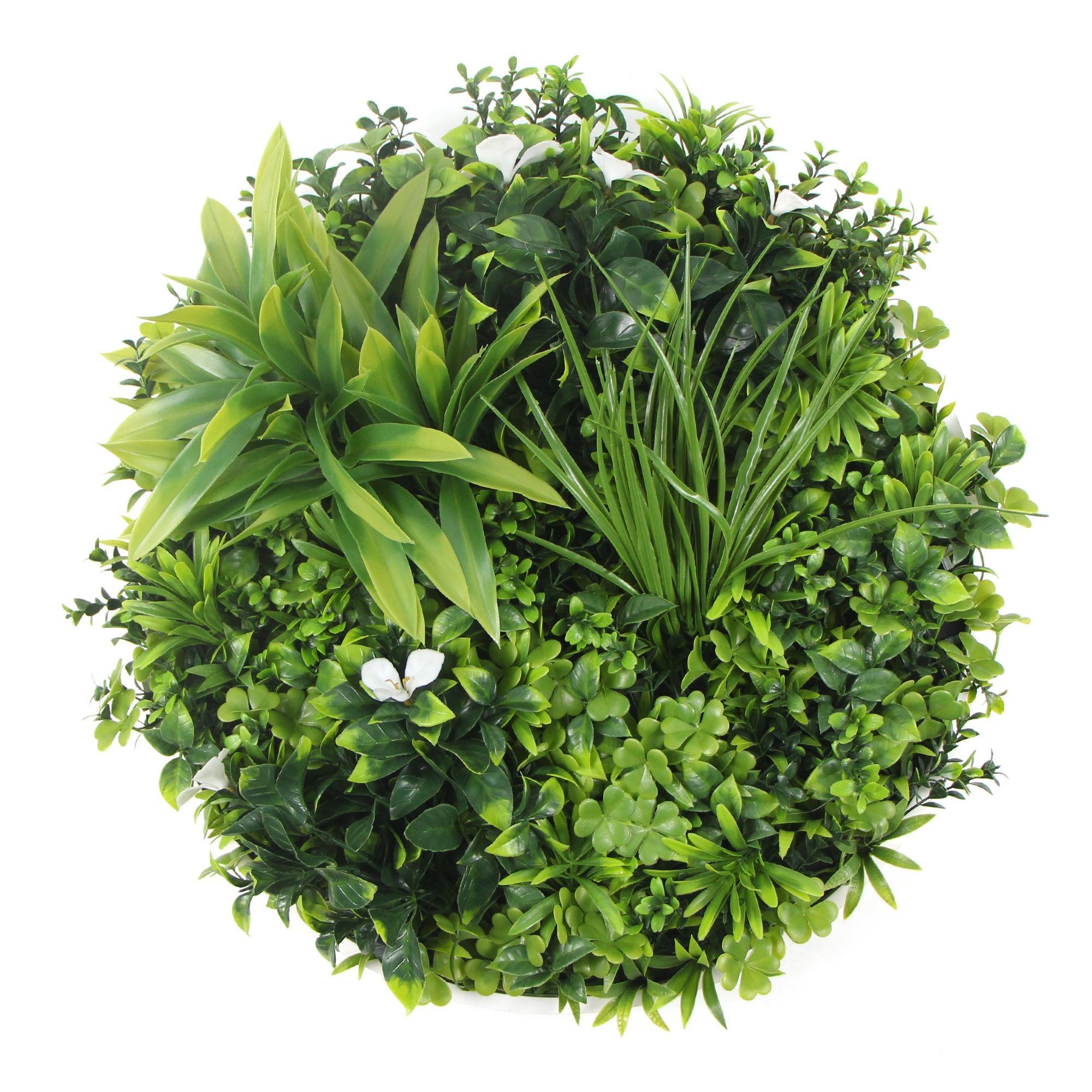 Flowering White Artificial Green Wall Disc UV Resistant 100cm (White Frame) - John Cootes