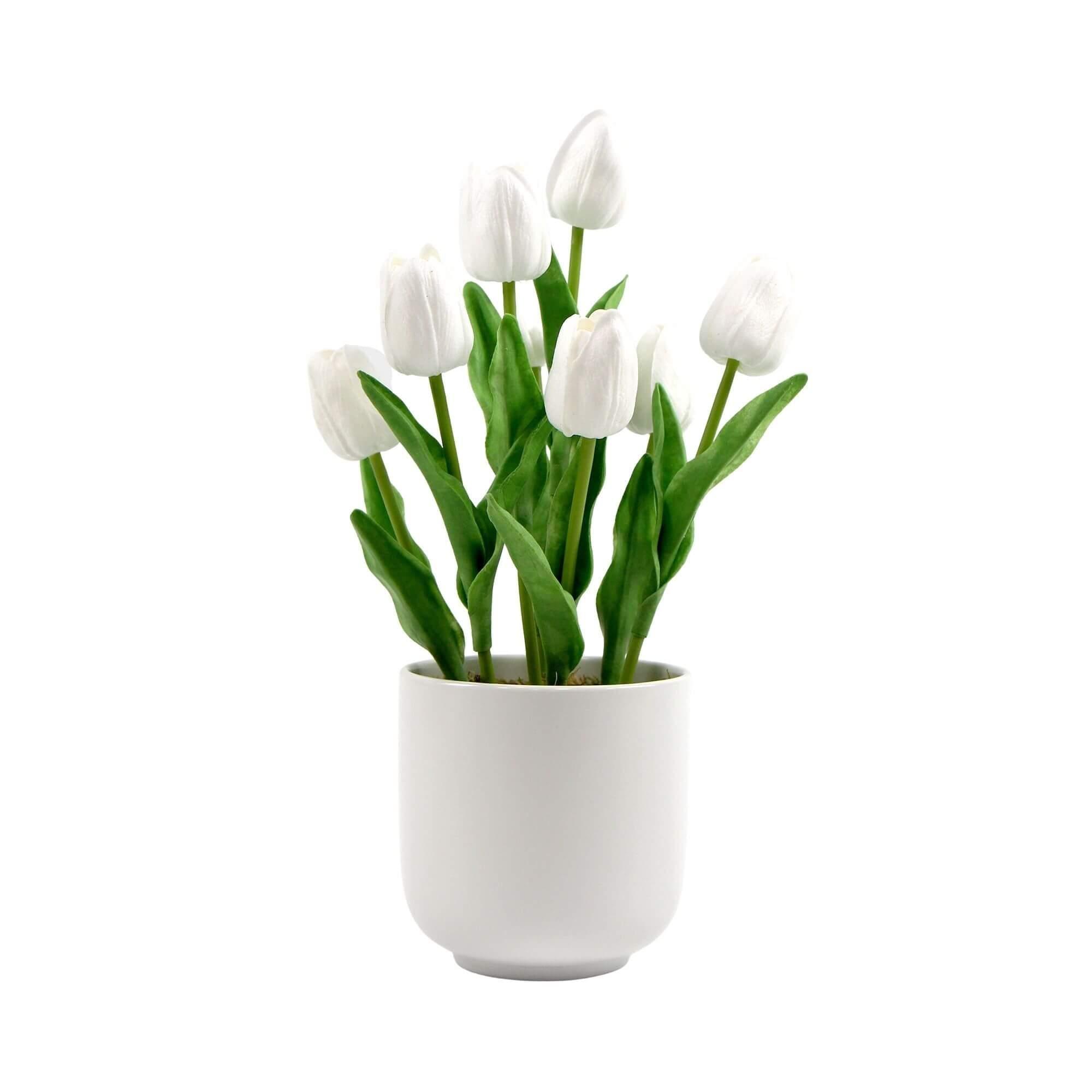 Flowering White Artificial Tulip Plant Arrangement With Ceramic Bowl 35cm - John Cootes