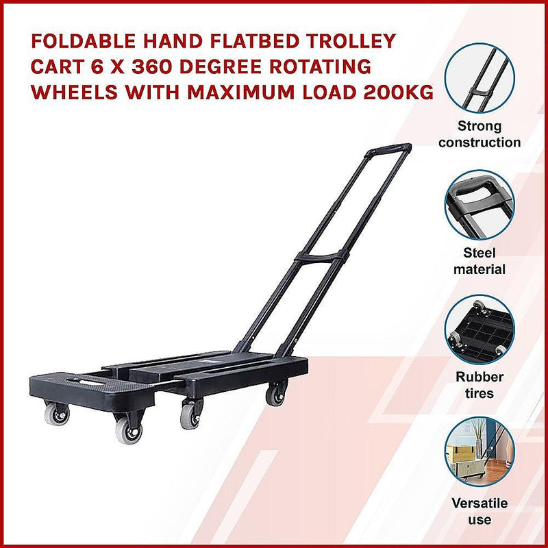 Foldable Hand Flatbed Trolley Cart 6 x 360 Degree Rotating Wheels with Maximum Load 200Kg - John Cootes