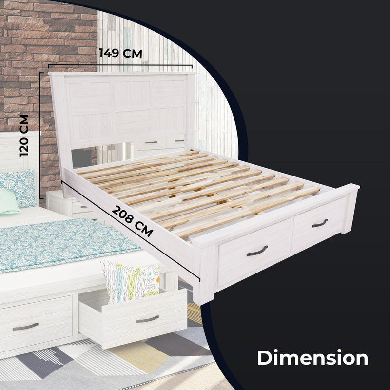 Foxglove Bed Frame Double Size Wood Mattress Base With Storage Drawers - White - John Cootes