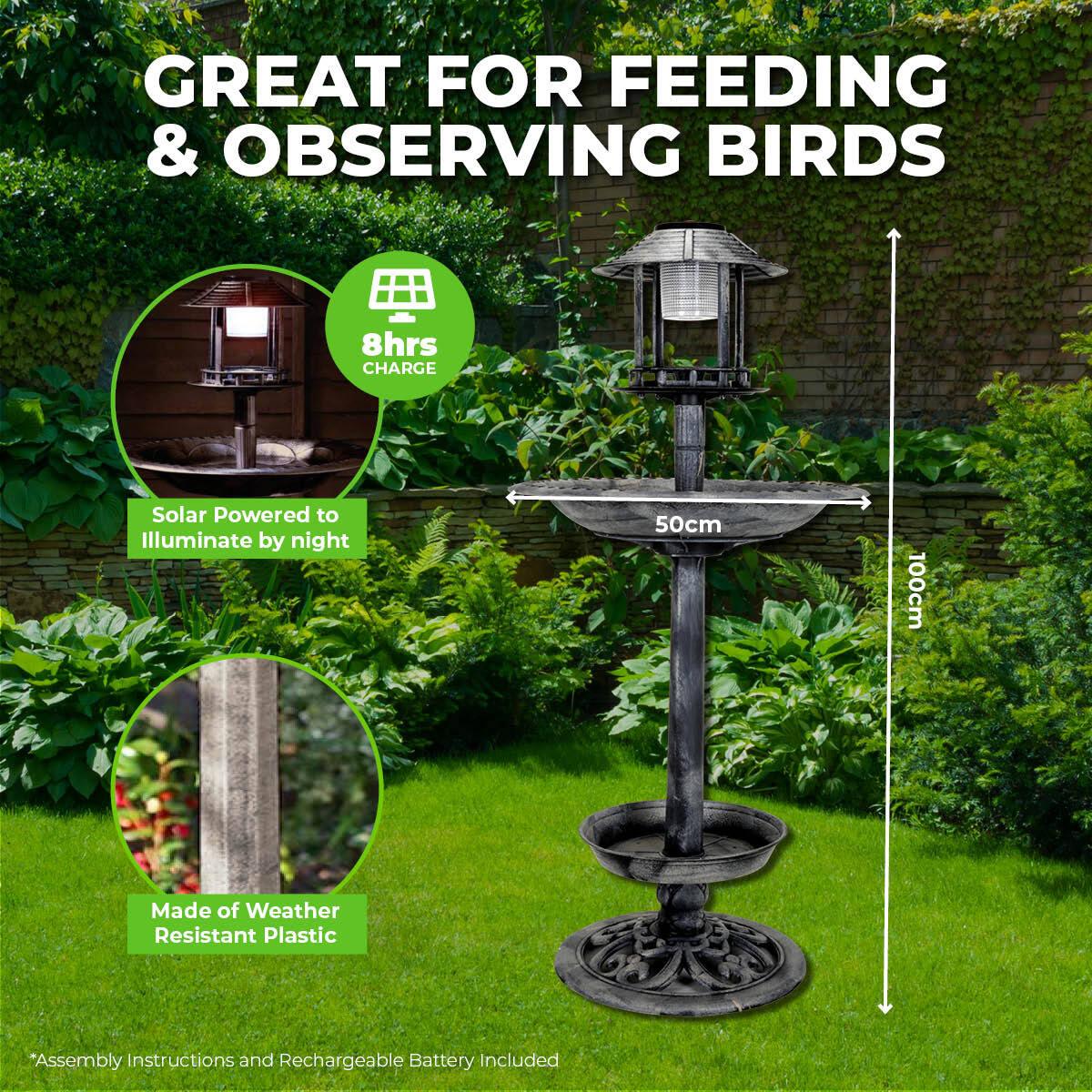 Garden Greens 1M Bird Bath Solar Power With Feeding Station and Lights - John Cootes