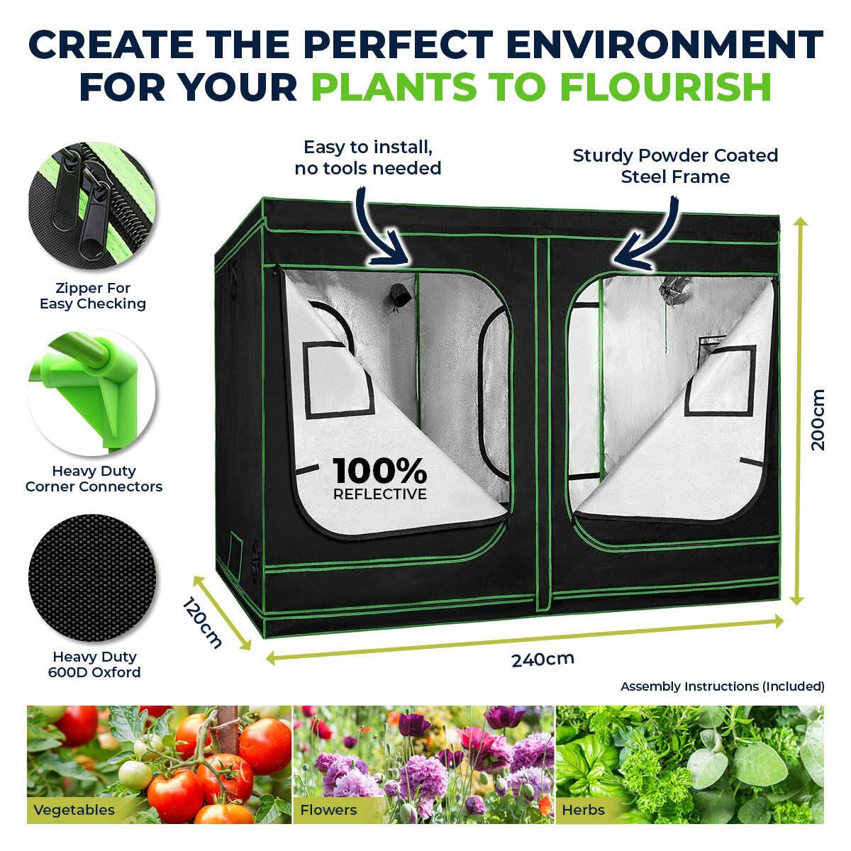 Garden Greens Grow Tent Kits 2.4m x 1.2m x 2m Hydroponics Indoor Grow System - John Cootes