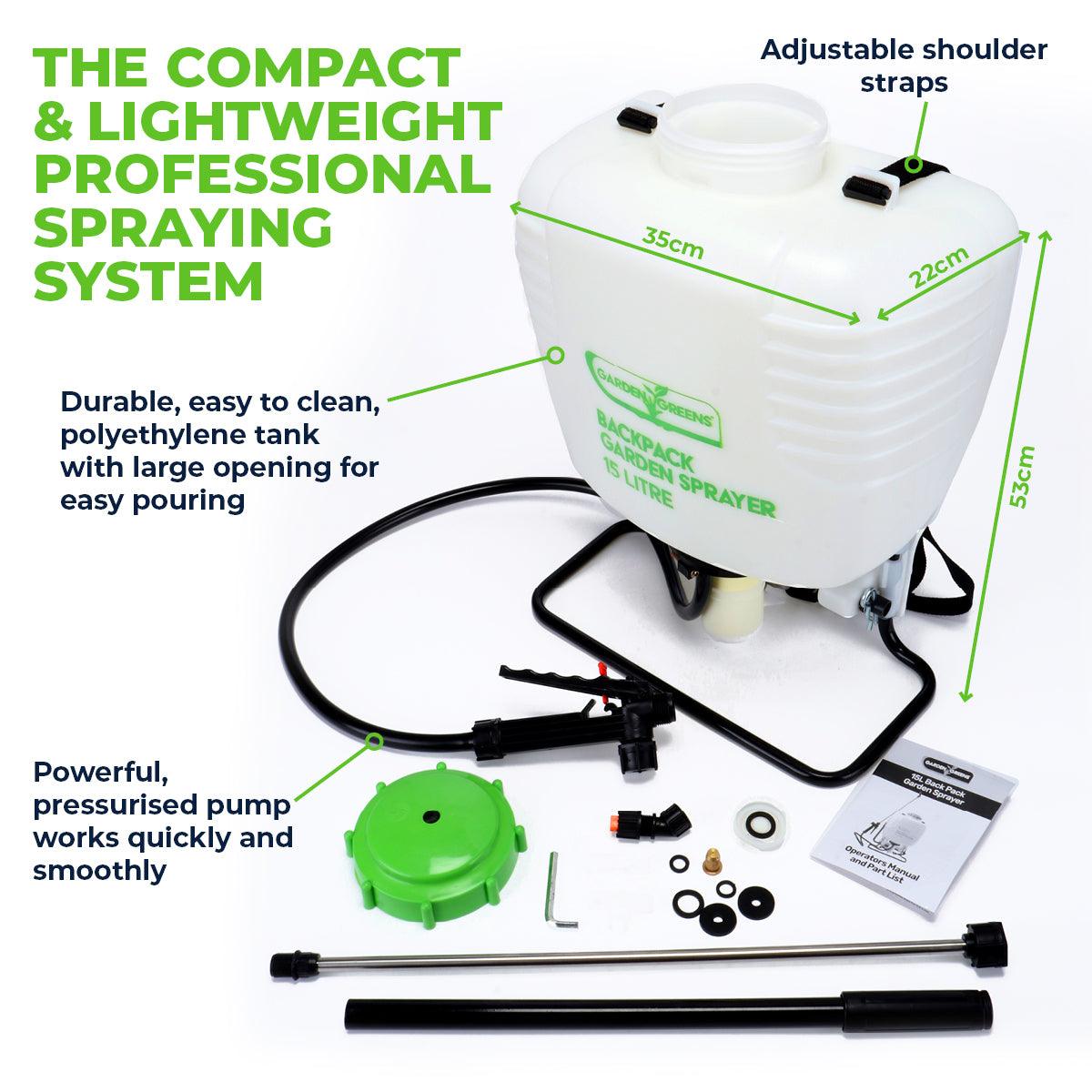 Garden Greens Pressure Sprayer Backpack Design Comfortable Compact 15 Litre - John Cootes