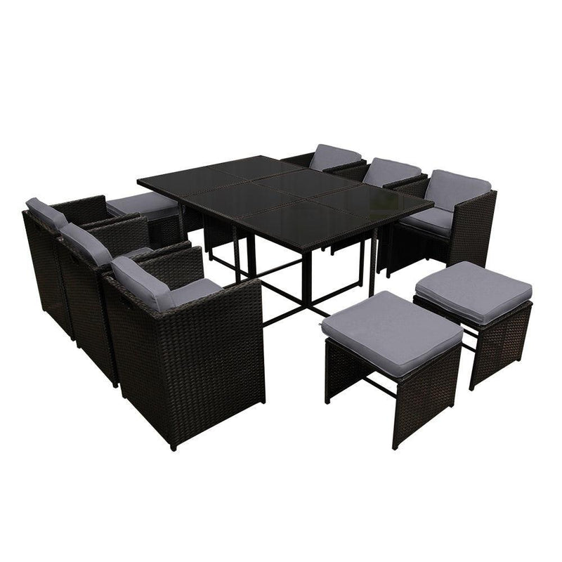 Gardeon 11 Piece PE Wicker Outdoor Dining Set - Black - John Cootes