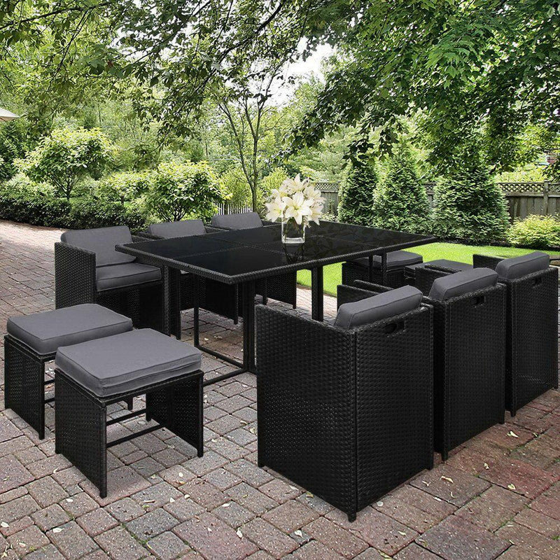 Gardeon 11 Piece PE Wicker Outdoor Dining Set - Black - John Cootes