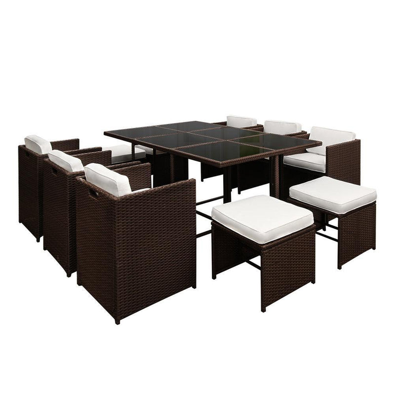 Gardeon 11 Piece PE Wicker Outdoor Dining Set - Brown & White - John Cootes