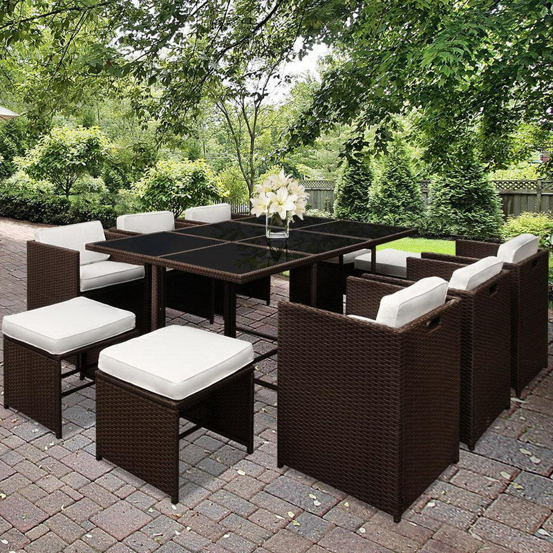 Gardeon 11 Piece PE Wicker Outdoor Dining Set - Brown & White - John Cootes