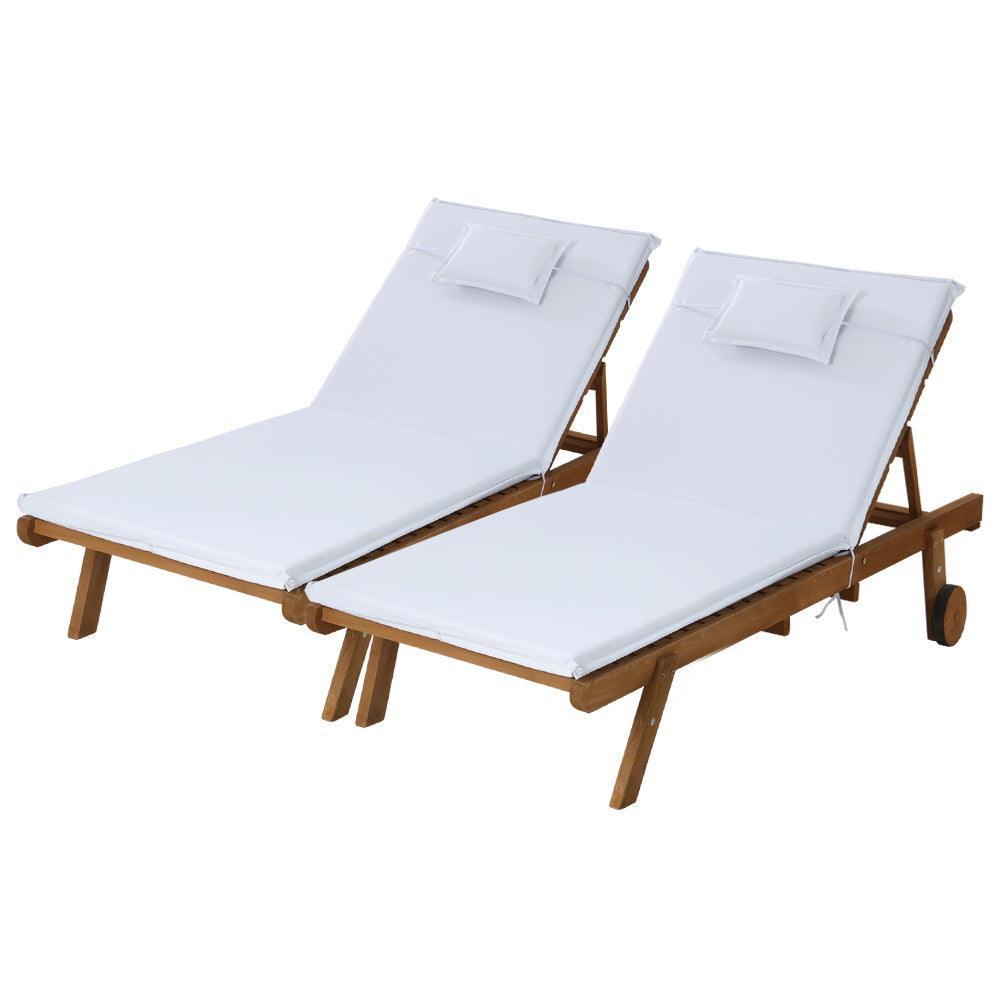 Gardeon 2pc Sun Lounge Wooden Lounger Outdoor Furniture Day Bed Wheel Patio White - John Cootes