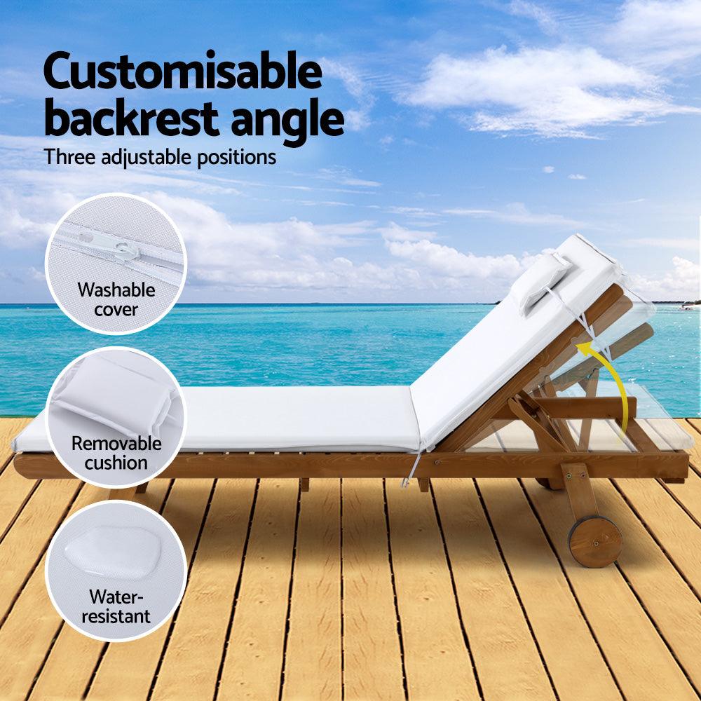 Gardeon 2pc Sun Lounge Wooden Lounger Outdoor Furniture Day Bed Wheel Patio White - John Cootes