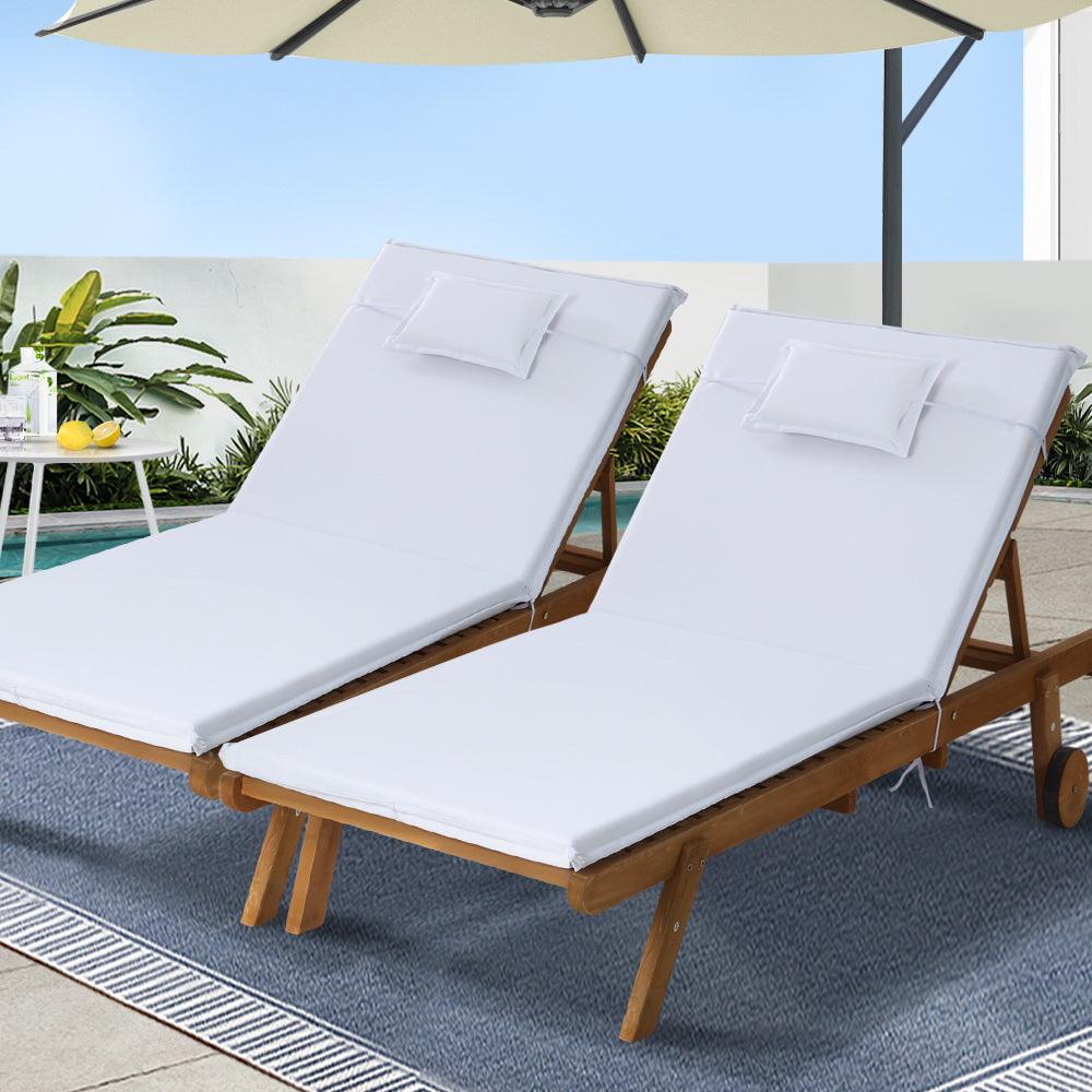 Gardeon 2pc Sun Lounge Wooden Lounger Outdoor Furniture Day Bed Wheel Patio White - John Cootes