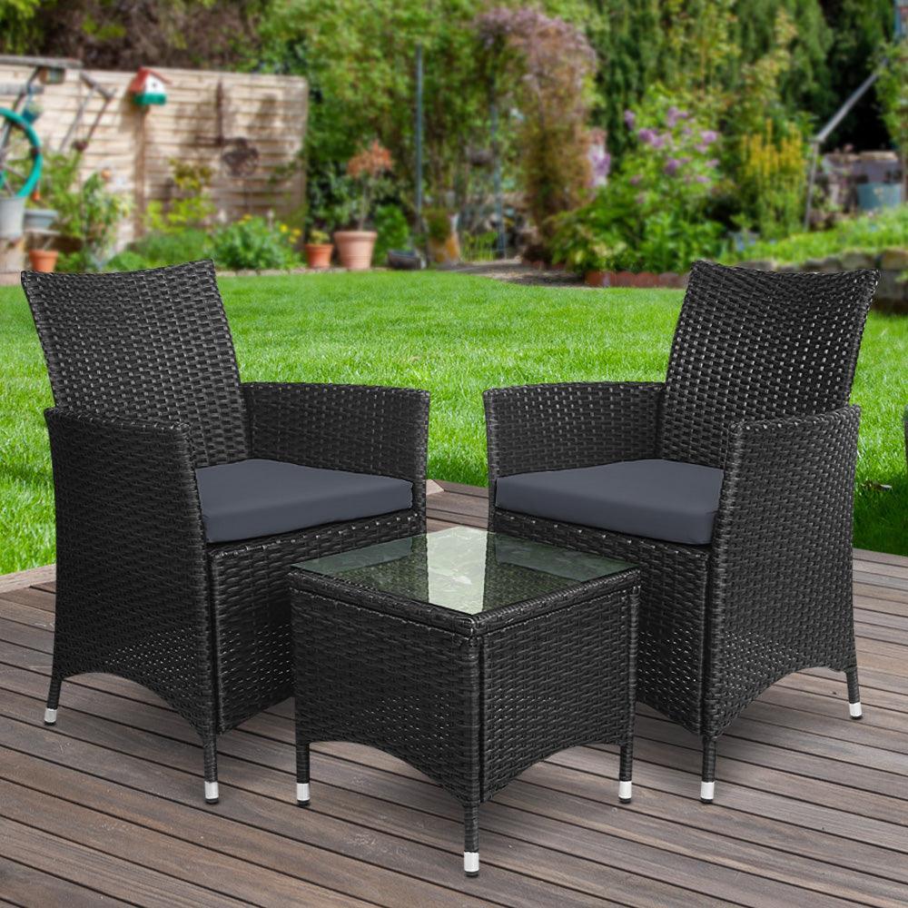 Gardeon 3 Piece Wicker Outdoor Furniture Set - Black - John Cootes