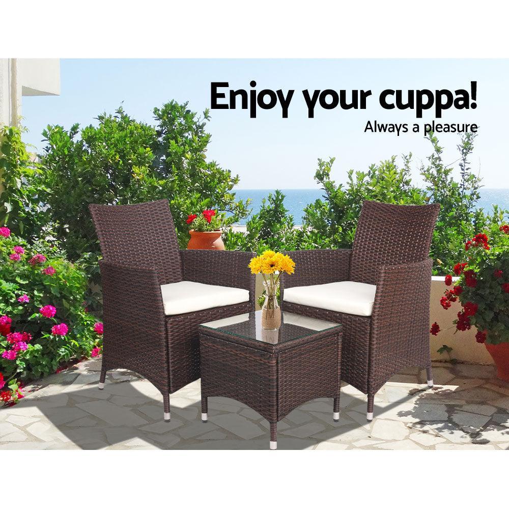 Gardeon 3 Piece Wicker Outdoor Furniture Set - Brown - John Cootes